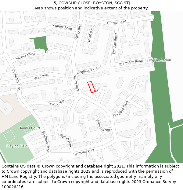 5, COWSLIP CLOSE, ROYSTON, SG8 9TJ: Location map and indicative extent of plot