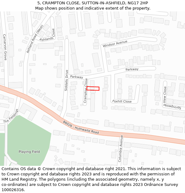 5, CRAMPTON CLOSE, SUTTON-IN-ASHFIELD, NG17 2HP: Location map and indicative extent of plot