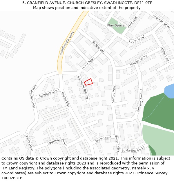 5, CRANFIELD AVENUE, CHURCH GRESLEY, SWADLINCOTE, DE11 9TE: Location map and indicative extent of plot