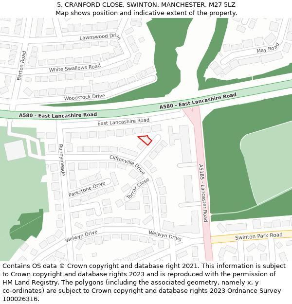 5, CRANFORD CLOSE, SWINTON, MANCHESTER, M27 5LZ: Location map and indicative extent of plot