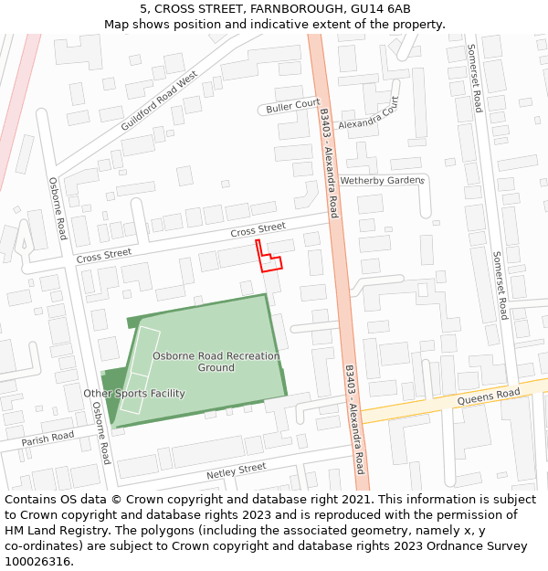 5, CROSS STREET, FARNBOROUGH, GU14 6AB: Location map and indicative extent of plot