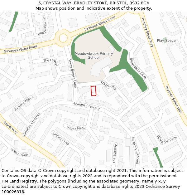 5, CRYSTAL WAY, BRADLEY STOKE, BRISTOL, BS32 8GA: Location map and indicative extent of plot