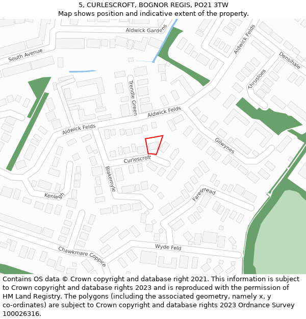 5, CURLESCROFT, BOGNOR REGIS, PO21 3TW: Location map and indicative extent of plot