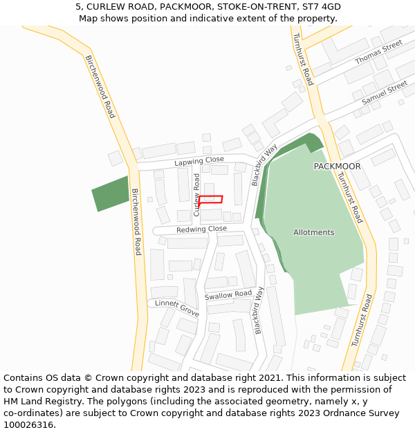 5, CURLEW ROAD, PACKMOOR, STOKE-ON-TRENT, ST7 4GD: Location map and indicative extent of plot