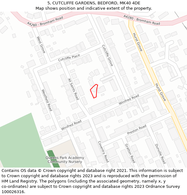 5, CUTCLIFFE GARDENS, BEDFORD, MK40 4DE: Location map and indicative extent of plot