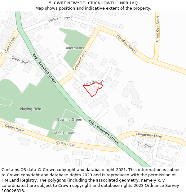 5, CWRT NEWYDD, CRICKHOWELL, NP8 1AQ: Location map and indicative extent of plot