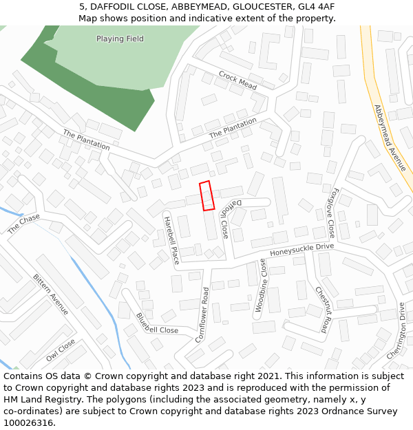 5, DAFFODIL CLOSE, ABBEYMEAD, GLOUCESTER, GL4 4AF: Location map and indicative extent of plot