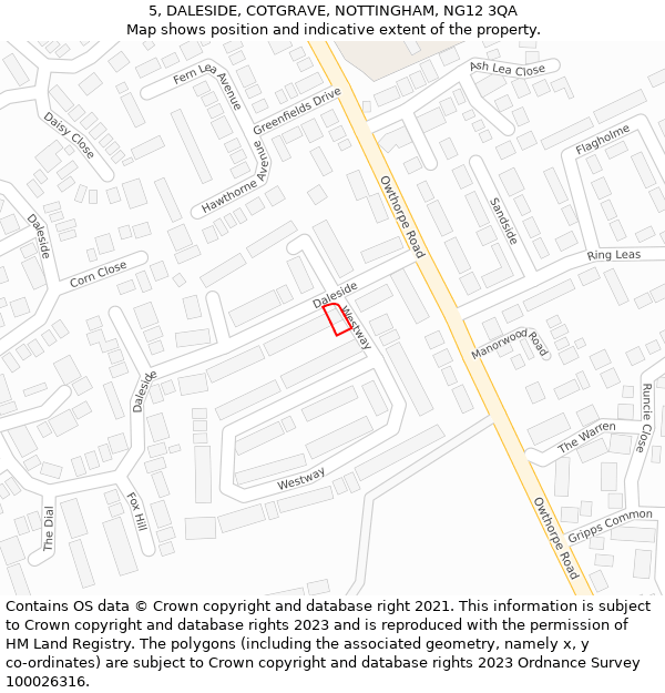 5, DALESIDE, COTGRAVE, NOTTINGHAM, NG12 3QA: Location map and indicative extent of plot