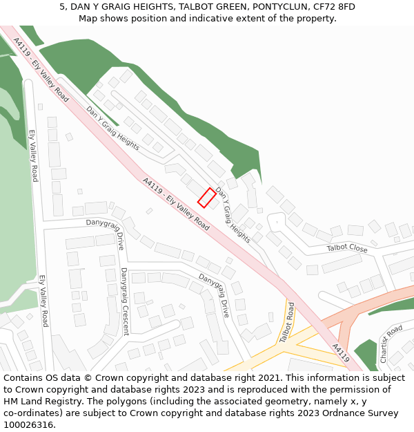 5, DAN Y GRAIG HEIGHTS, TALBOT GREEN, PONTYCLUN, CF72 8FD: Location map and indicative extent of plot