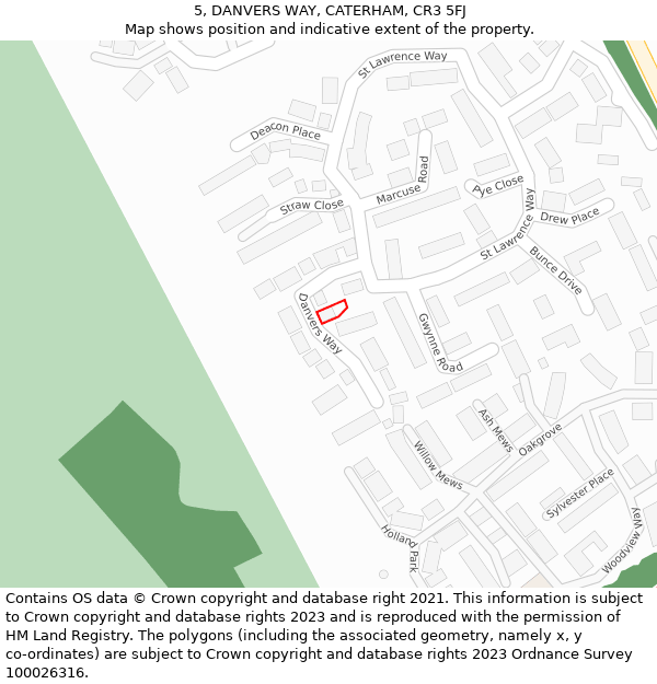 5, DANVERS WAY, CATERHAM, CR3 5FJ: Location map and indicative extent of plot