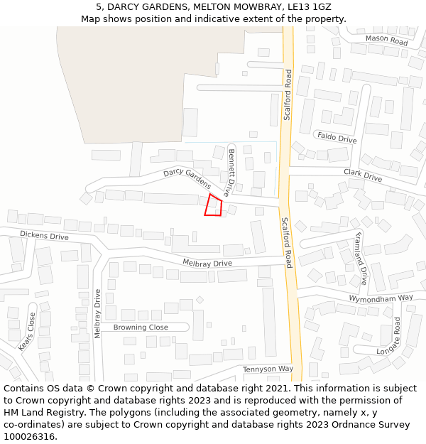 5, DARCY GARDENS, MELTON MOWBRAY, LE13 1GZ: Location map and indicative extent of plot