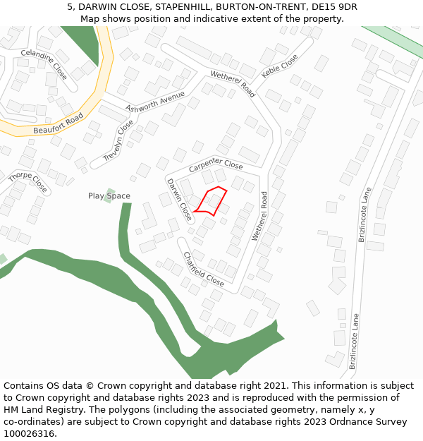 5, DARWIN CLOSE, STAPENHILL, BURTON-ON-TRENT, DE15 9DR: Location map and indicative extent of plot