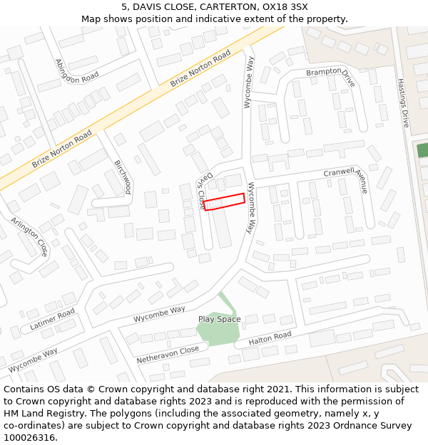 5, DAVIS CLOSE, CARTERTON, OX18 3SX: Location map and indicative extent of plot