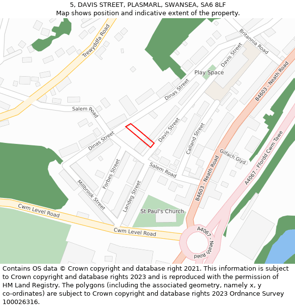 5, DAVIS STREET, PLASMARL, SWANSEA, SA6 8LF: Location map and indicative extent of plot