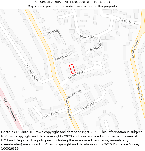 5, DAWNEY DRIVE, SUTTON COLDFIELD, B75 5JA: Location map and indicative extent of plot