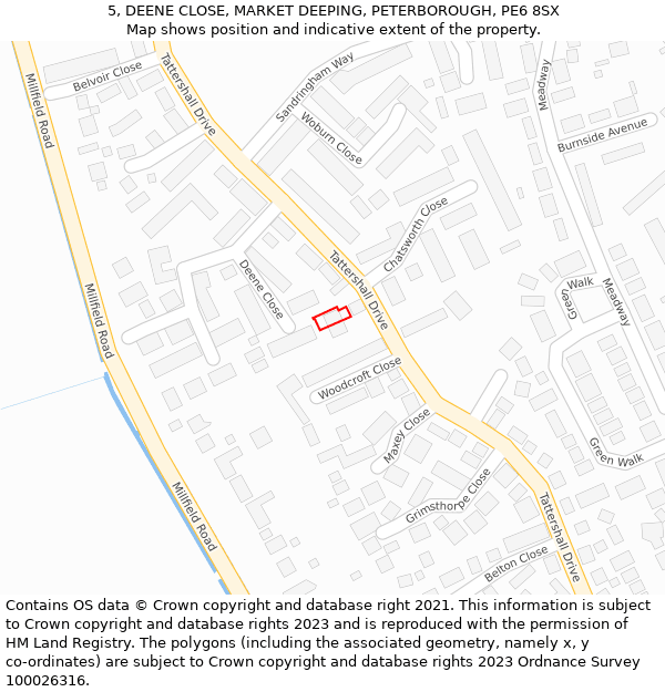 5, DEENE CLOSE, MARKET DEEPING, PETERBOROUGH, PE6 8SX: Location map and indicative extent of plot