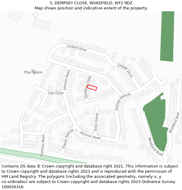 5, DEMPSEY CLOSE, WAKEFIELD, WF2 9DZ: Location map and indicative extent of plot