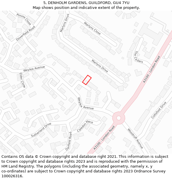 5, DENHOLM GARDENS, GUILDFORD, GU4 7YU: Location map and indicative extent of plot