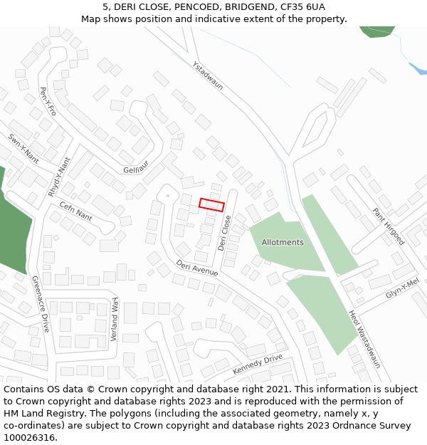 5, DERI CLOSE, PENCOED, BRIDGEND, CF35 6UA: Location map and indicative extent of plot