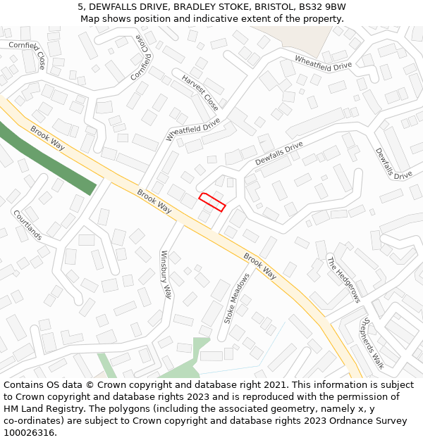 5, DEWFALLS DRIVE, BRADLEY STOKE, BRISTOL, BS32 9BW: Location map and indicative extent of plot