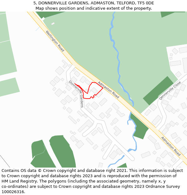 5, DONNERVILLE GARDENS, ADMASTON, TELFORD, TF5 0DE: Location map and indicative extent of plot
