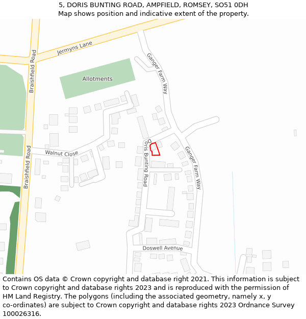 5, DORIS BUNTING ROAD, AMPFIELD, ROMSEY, SO51 0DH: Location map and indicative extent of plot