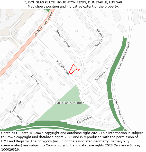 5, DOUGLAS PLACE, HOUGHTON REGIS, DUNSTABLE, LU5 5AP: Location map and indicative extent of plot