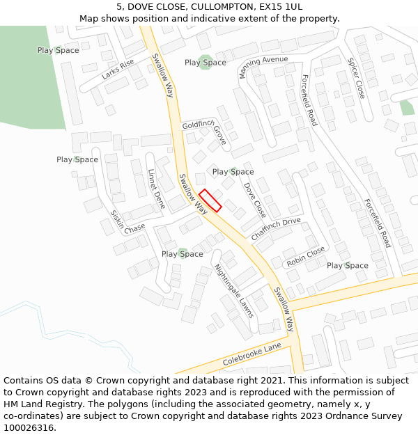 5, DOVE CLOSE, CULLOMPTON, EX15 1UL: Location map and indicative extent of plot