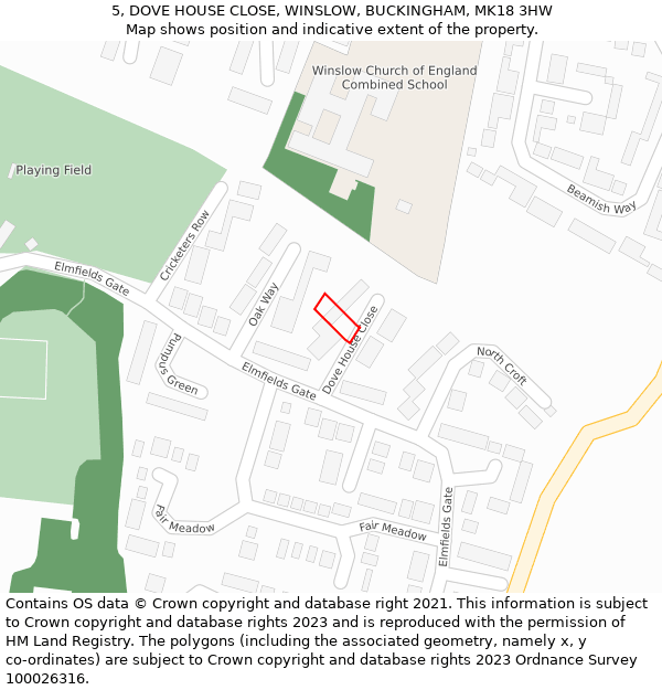 5, DOVE HOUSE CLOSE, WINSLOW, BUCKINGHAM, MK18 3HW: Location map and indicative extent of plot