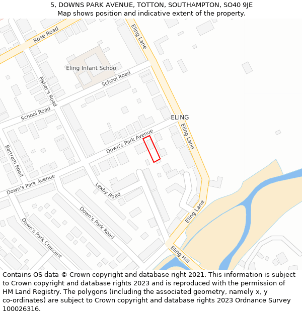 5, DOWNS PARK AVENUE, TOTTON, SOUTHAMPTON, SO40 9JE: Location map and indicative extent of plot