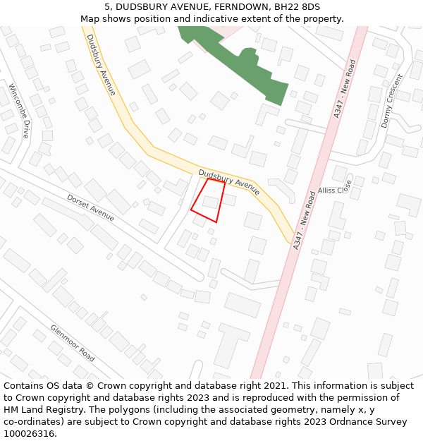 5, DUDSBURY AVENUE, FERNDOWN, BH22 8DS: Location map and indicative extent of plot