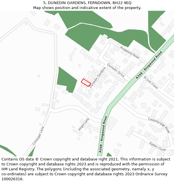 5, DUNEDIN GARDENS, FERNDOWN, BH22 9EQ: Location map and indicative extent of plot