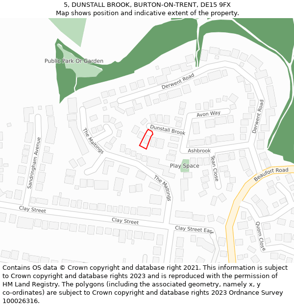 5, DUNSTALL BROOK, BURTON-ON-TRENT, DE15 9FX: Location map and indicative extent of plot