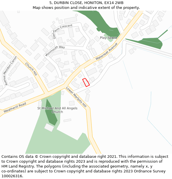 5, DURBIN CLOSE, HONITON, EX14 2WB: Location map and indicative extent of plot