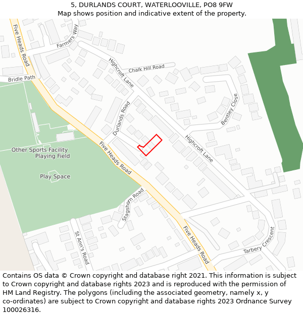 5, DURLANDS COURT, WATERLOOVILLE, PO8 9FW: Location map and indicative extent of plot