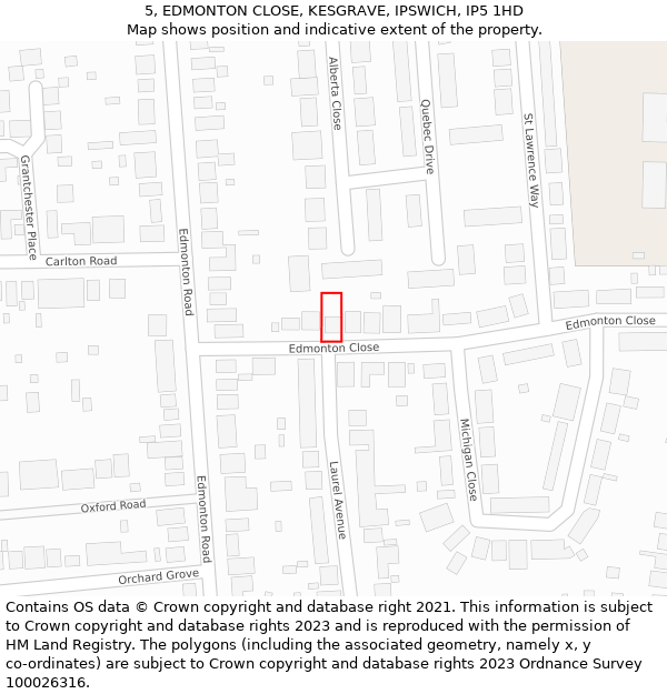 5, EDMONTON CLOSE, KESGRAVE, IPSWICH, IP5 1HD: Location map and indicative extent of plot