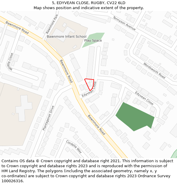 5, EDYVEAN CLOSE, RUGBY, CV22 6LD: Location map and indicative extent of plot