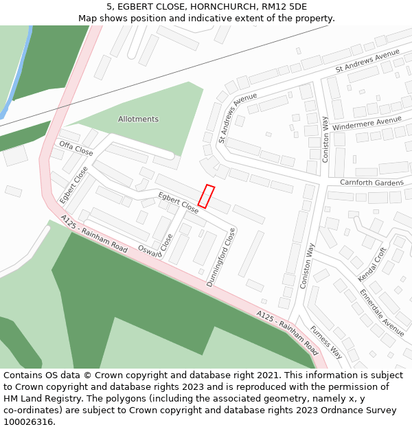 5, EGBERT CLOSE, HORNCHURCH, RM12 5DE: Location map and indicative extent of plot