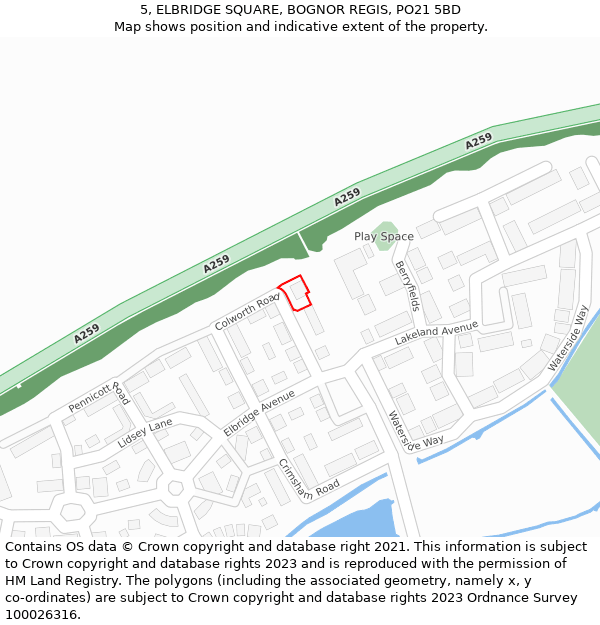 5, ELBRIDGE SQUARE, BOGNOR REGIS, PO21 5BD: Location map and indicative extent of plot