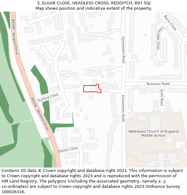 5, ELGAR CLOSE, HEADLESS CROSS, REDDITCH, B97 5GJ: Location map and indicative extent of plot