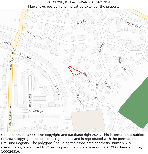 5, ELIOT CLOSE, KILLAY, SWANSEA, SA2 7DN: Location map and indicative extent of plot