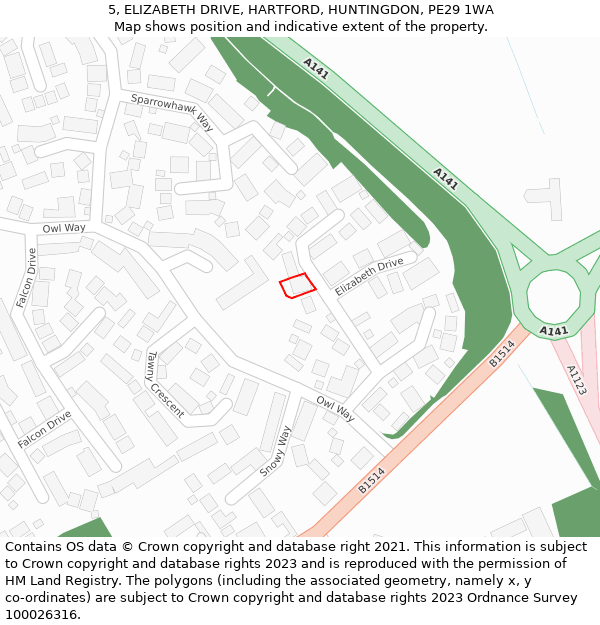 5, ELIZABETH DRIVE, HARTFORD, HUNTINGDON, PE29 1WA: Location map and indicative extent of plot