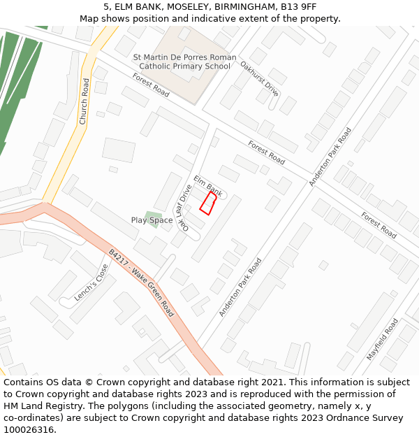 5, ELM BANK, MOSELEY, BIRMINGHAM, B13 9FF: Location map and indicative extent of plot