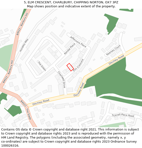 5, ELM CRESCENT, CHARLBURY, CHIPPING NORTON, OX7 3PZ: Location map and indicative extent of plot