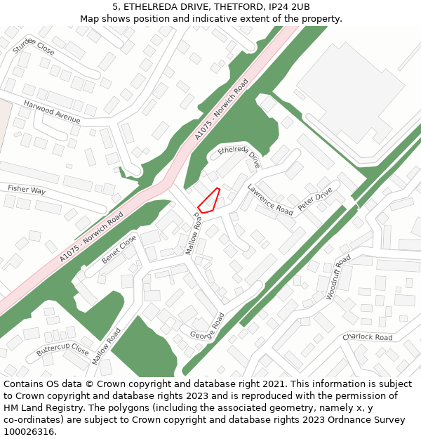 5, ETHELREDA DRIVE, THETFORD, IP24 2UB: Location map and indicative extent of plot