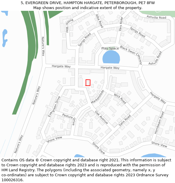 5, EVERGREEN DRIVE, HAMPTON HARGATE, PETERBOROUGH, PE7 8FW: Location map and indicative extent of plot