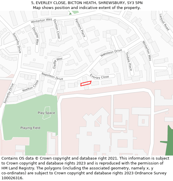 5, EVERLEY CLOSE, BICTON HEATH, SHREWSBURY, SY3 5PN: Location map and indicative extent of plot