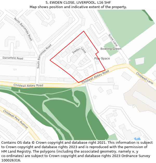 5, EWDEN CLOSE, LIVERPOOL, L16 5HF: Location map and indicative extent of plot