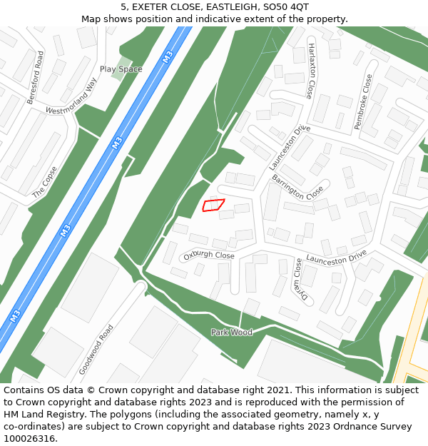 5, EXETER CLOSE, EASTLEIGH, SO50 4QT: Location map and indicative extent of plot