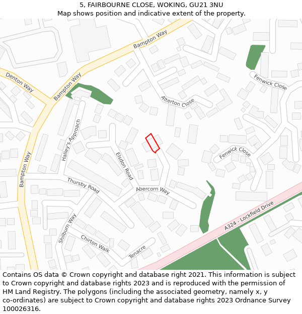 5, FAIRBOURNE CLOSE, WOKING, GU21 3NU: Location map and indicative extent of plot